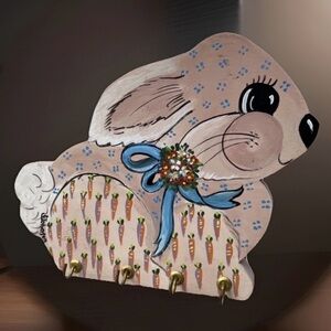 Adorable Wooden Bunny Wall Hook Rack – 4 Hooks, Hand-Painted, 9” Rustic Decor